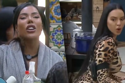 Carol e Tàmires em uma montagem em trecho da treta na cozinha de A Fazenda