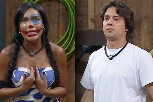 Carol Lekker e Guilherme Boury em uma montagem em trechos da dinâmica em A Fazenda