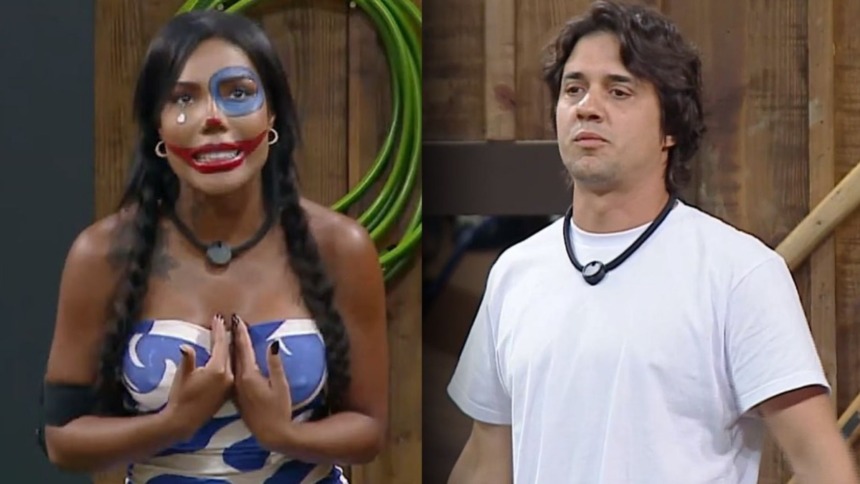 Carol Lekker e Guilherme Boury em uma montagem em trechos da dinâmica em A Fazenda