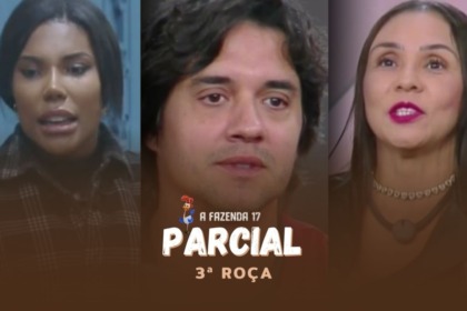 Carol Lekker, Guilherme Boury e Yoná em uma montagem, na arte de parcial da enquete em A Fazenda