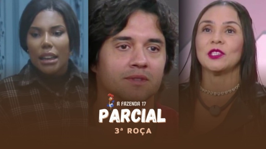 Carol Lekker, Guilherme Boury e Yoná em uma montagem, na arte de parcial da enquete em A Fazenda