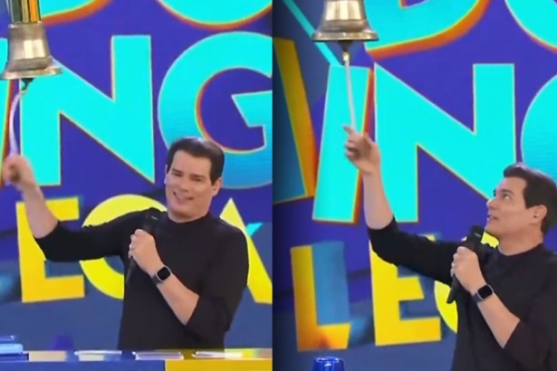 Montagem de dois momentos de Celso Portiolli tocando o sino no Domingo Legal