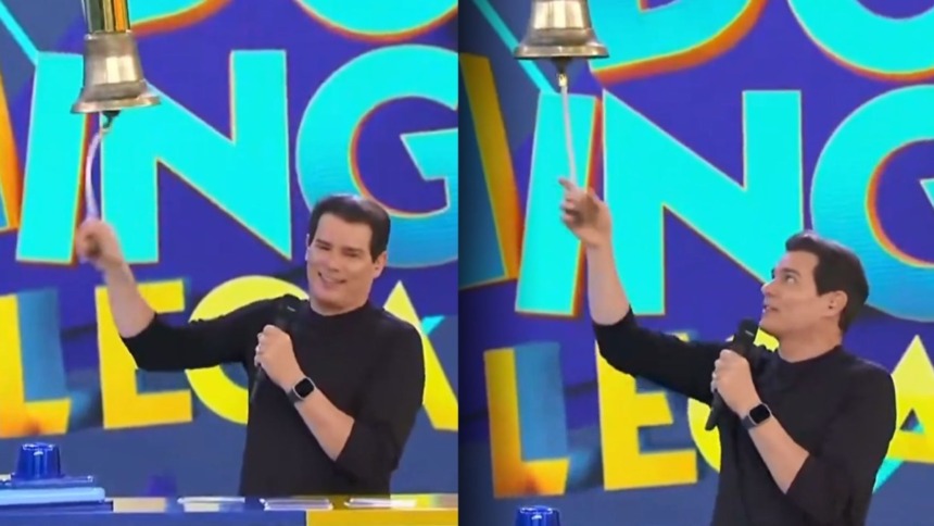 Montagem de dois momentos de Celso Portiolli tocando o sino no Domingo Legal