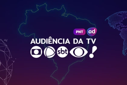 Logo das emissoras TV Globo, RECORD, SBT, Band e RedeTV! na arte dos consolidados de Audiência da TV. Ao fundo a o mapa do Brasil representando o PNT
