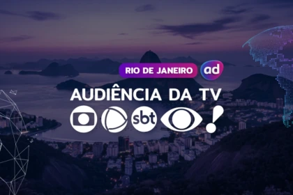 Logo das emissoras TV Globo, RECORD, SBT, Band e RedeTV! na arte dos consolidados de Audiência da TV. Ao fundo a vista aérea do pão de açúcar no Rio de Janeiro