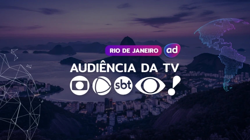 Logo das emissoras TV Globo, RECORD, SBT, Band e RedeTV! na arte dos consolidados de Audiência da TV. Ao fundo a vista aérea do pão de açúcar no Rio de Janeiro