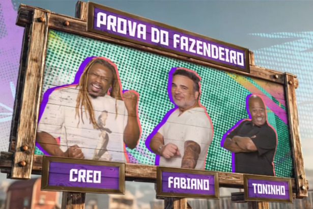 Creo, Fabiano e Toninho na arte da Prova do Fazendeiro na chamada de A Fazenda