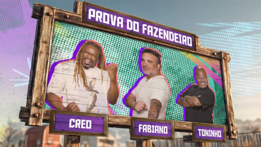 Creo, Fabiano e Toninho na arte da Prova do Fazendeiro na chamada de A Fazenda