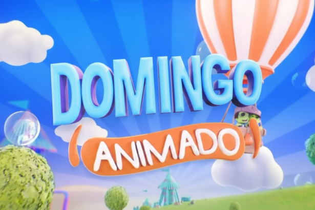 Logo do programa Domingo Animado com balões e céu azul