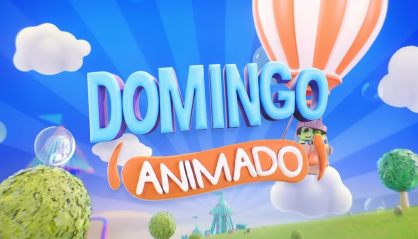 Logo do programa Domingo Animado com balões e céu azul