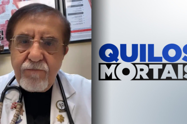 Dr. Now, em uma sala hospitalar, com estetoscópio cravejado de cristais ao anunciar que está vivo e preparando projetos no Quilos mortais