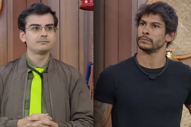 Dudu Camargo e Shia em uma montagem em trechos da dinâmica em A Fazenda