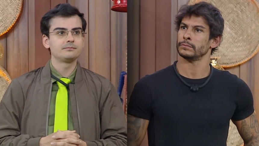 Dudu Camargo e Shia em uma montagem em trechos da dinâmica em A Fazenda