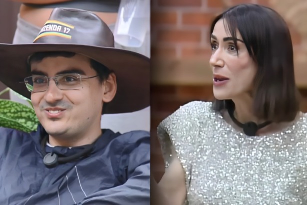 Dudu Camargo com chapéu de fazendeiro sorrindo divide tela com Michelle Barros que aponta para alguém na sala de A Fazenda 17