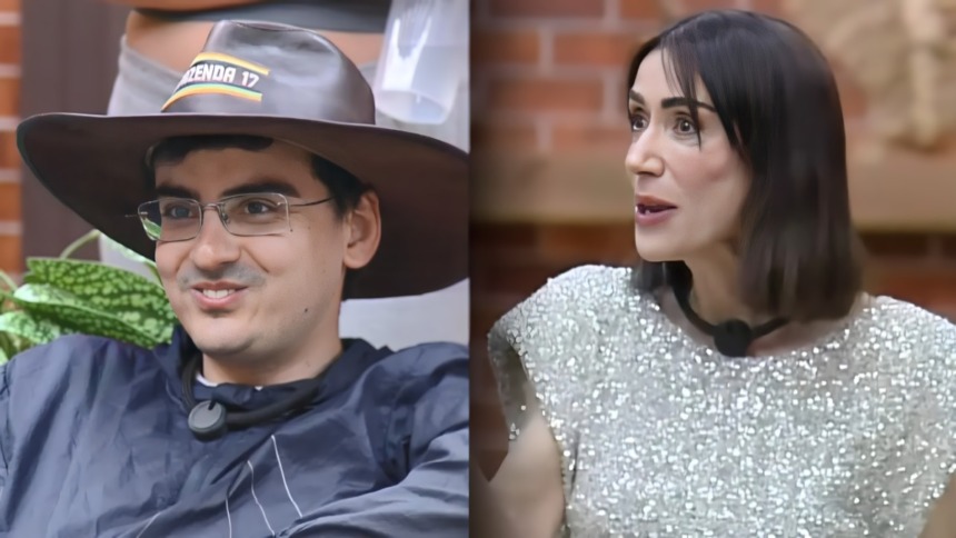 Dudu Camargo com chapéu de fazendeiro sorrindo divide tela com Michelle Barros que aponta para alguém na sala de A Fazenda 17