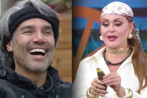 Montagem dos participantes de A Fazenda. À esquerda, Fernando Sampaio sorri, com cabelos grisalhos e bandana preta. À direita, Gaby Spanic usa uma bandana estampada, blusa branca e joias douradas, segurando um objeto.