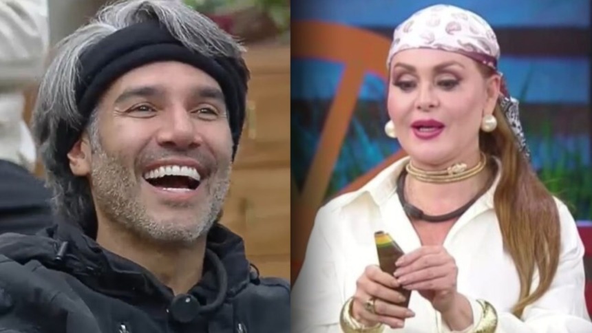 Montagem dos participantes de A Fazenda. À esquerda, Fernando Sampaio sorri, com cabelos grisalhos e bandana preta. À direita, Gaby Spanic usa uma bandana estampada, blusa branca e joias douradas, segurando um objeto.