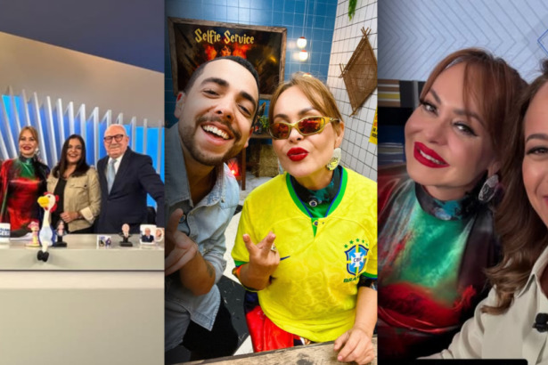 Montagem com 3 momentos de Gaby Spani na RECORD: no Balanço Geral, com Lucas Selfie e Renata Alves nos bastidores do Hoje em Dia