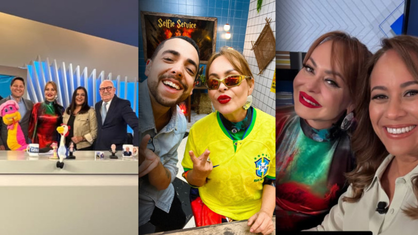 Montagem com 3 momentos de Gaby Spani na RECORD: no Balanço Geral, com Lucas Selfie e Renata Alves nos bastidores do Hoje em Dia