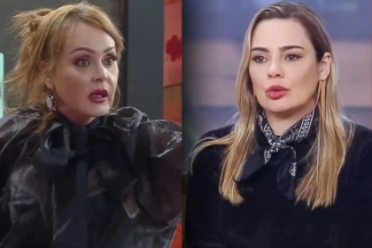 Montagem de Gaby Spanic (cabelo ruivo preso, blusa preta transparente com laço) e Rachel Sheherazade (cabelo loiro liso, blusa preta e bandana no pescoço) em momentos distintos dentro do reality show A Fazenda.