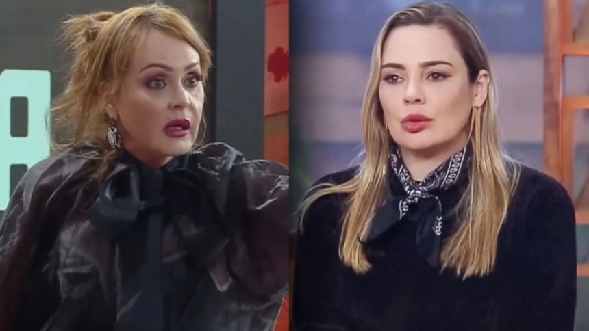 Montagem de Gaby Spanic (cabelo ruivo preso, blusa preta transparente com laço) e Rachel Sheherazade (cabelo loiro liso, blusa preta e bandana no pescoço) em momentos distintos dentro do reality show A Fazenda.