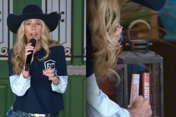 Adriane Galisteu vestida de azul, em uma montagem guardando o poder da chama laranja em A Fazenda