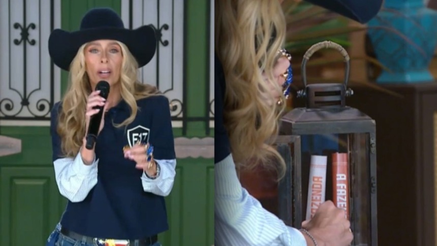 Adriane Galisteu vestida de azul, em uma montagem guardando o poder da chama laranja em A Fazenda