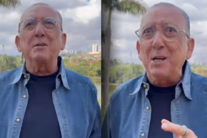 Galvão Bueno sorridente e gesticulando com as mãos falando sobre a Copa de 2026