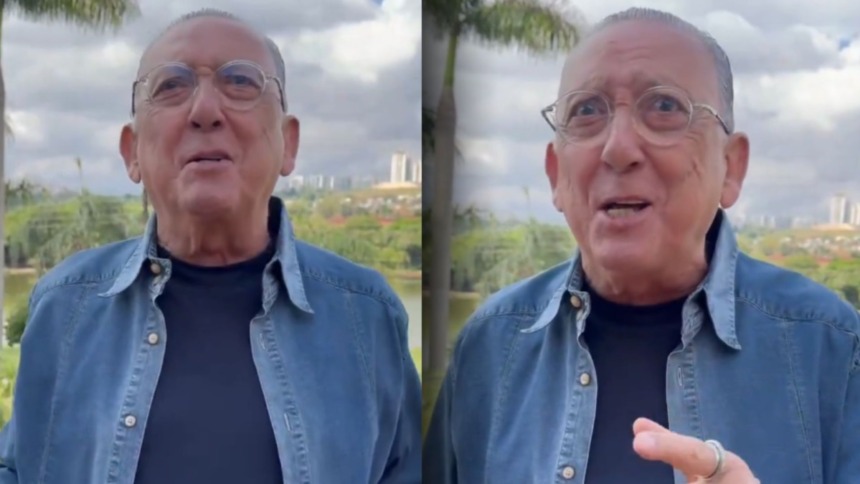 Galvão Bueno sorridente e gesticulando com as mãos falando sobre a Copa de 2026