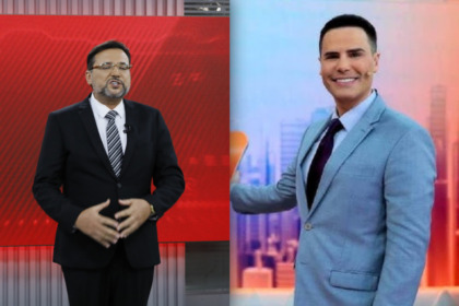Geraldo Luiz ao lado de Luiz Bacci em cenários do Aqui Agora e Alo Você respectivamente