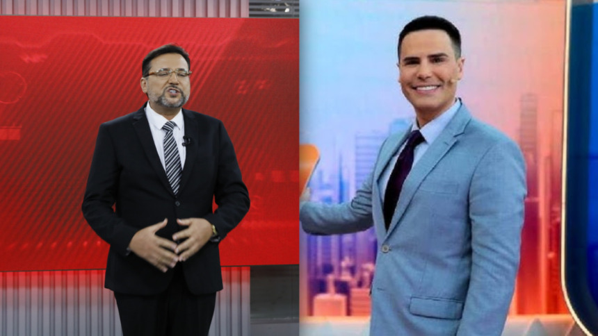 Geraldo Luiz ao lado de Luiz Bacci em cenários do Aqui Agora e Alo Você respectivamente