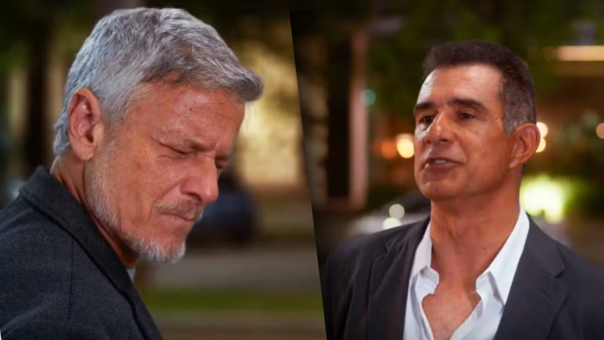 Ricardo (Marcos Pasquim) e Jaques (Marcello Novaes) se olham no meio da rua em cena de Dona de Mim