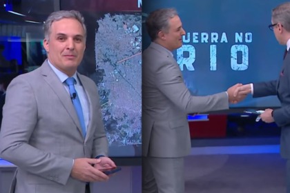 Leandro Stoliar, de terno e gravata, em dois momentos ao lado de Márcio Gomes no CNN Prime Time