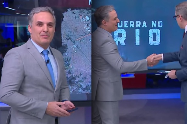 Leandro Stoliar, de terno e gravata, em dois momentos ao lado de Márcio Gomes no CNN Prime Time