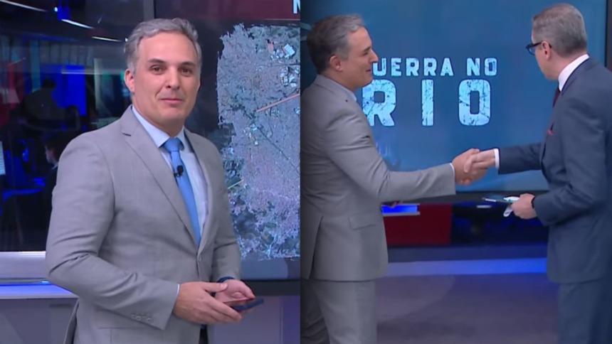 Leandro Stoliar, de terno e gravata, em dois momentos ao lado de Márcio Gomes no CNN Prime Time