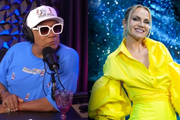 Montagem do assistente de palco Liminha, de óculos e boné, em entrevista. Ao lado, a apresentadora Eliana sorri em uma blusa amarela bufante.