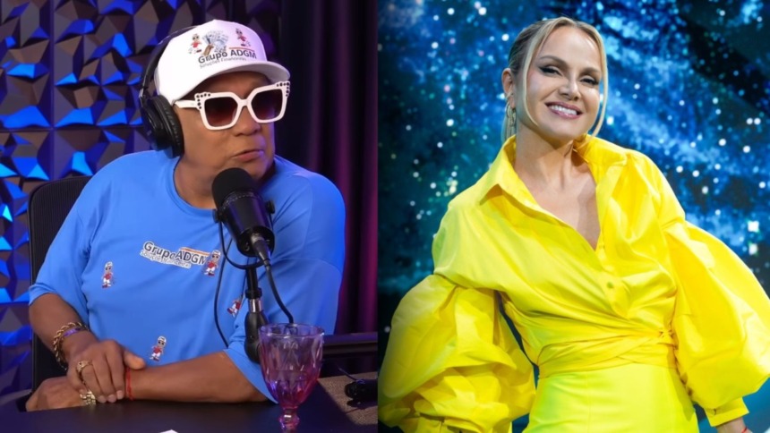 Montagem do assistente de palco Liminha, de óculos e boné, em entrevista. Ao lado, a apresentadora Eliana sorri em uma blusa amarela bufante.