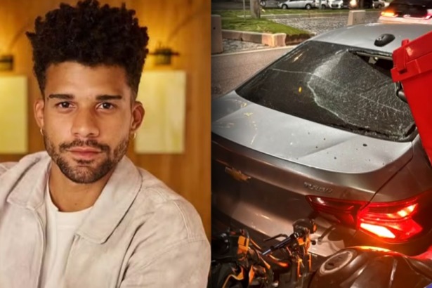 Ator Lucas Leto em montagem com um carro e moto, com o vidro traseiro quebrado