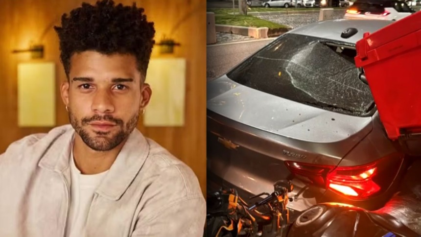 Ator Lucas Leto em montagem com um carro e moto, com o vidro traseiro quebrado