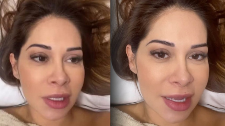 Maíra Cardi no leito de hospital atualizando o estado de saúde da filha após o parto