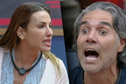 Montagem dos participantes Maria (de blusa com renda) e Fernando (de cabelos grisalhos) em meio a uma discussão acalorada em A Fazenda.