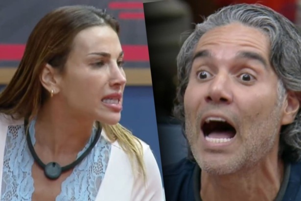 Montagem dos participantes Maria (de blusa com renda) e Fernando (de cabelos grisalhos) em meio a uma discussão acalorada em A Fazenda.
