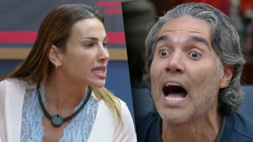 Montagem dos participantes Maria (de blusa com renda) e Fernando (de cabelos grisalhos) em meio a uma discussão acalorada em A Fazenda.