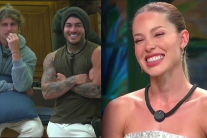 Matheus e Wallas em choque, em montagem com Saory feliz, em A Fazenda