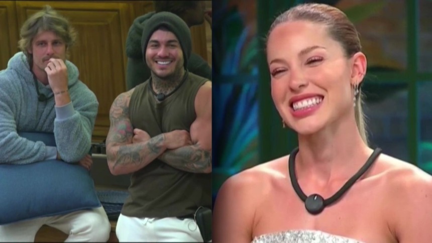 Matheus e Wallas em choque, em montagem com Saory feliz, em A Fazenda