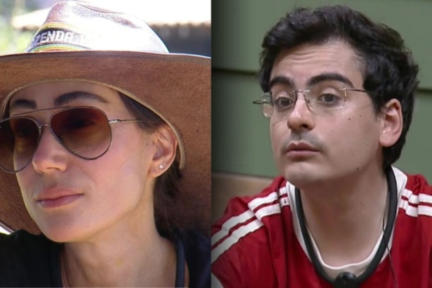Montagem de dois participantes do reality show A Fazenda. À esquerda, Michelle Barros usa um chapéu de cowboy, óculos de sol no estilo aviador e uma camiseta escura. À direita, Dudu Camargo veste uma camiseta vermelha com detalhes brancos na gola e usa óculos de grau.