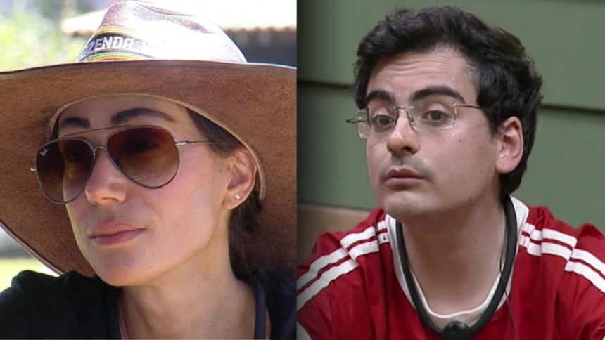 Montagem de dois participantes do reality show A Fazenda. À esquerda, Michelle Barros usa um chapéu de cowboy, óculos de sol no estilo aviador e uma camiseta escura. À direita, Dudu Camargo veste uma camiseta vermelha com detalhes brancos na gola e usa óculos de grau.