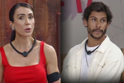 Montagem de Michelle Barros (vestido vermelho, com colar preto no pescoço) com uma expressão séria e do participante Shia (camisa branca, jaqueta bege) olhando para o lado, ambos nos estúdios do reality show A Fazenda.