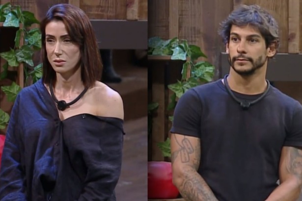Montagem de Michelle Barros (com blusa de ombro caído) e Shia Phoenix (de camiseta preta) olhando sérios na sede de A Fazenda.