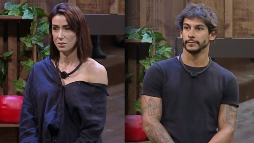 Montagem de Michelle Barros (com blusa de ombro caído) e Shia Phoenix (de camiseta preta) olhando sérios na sede de A Fazenda.